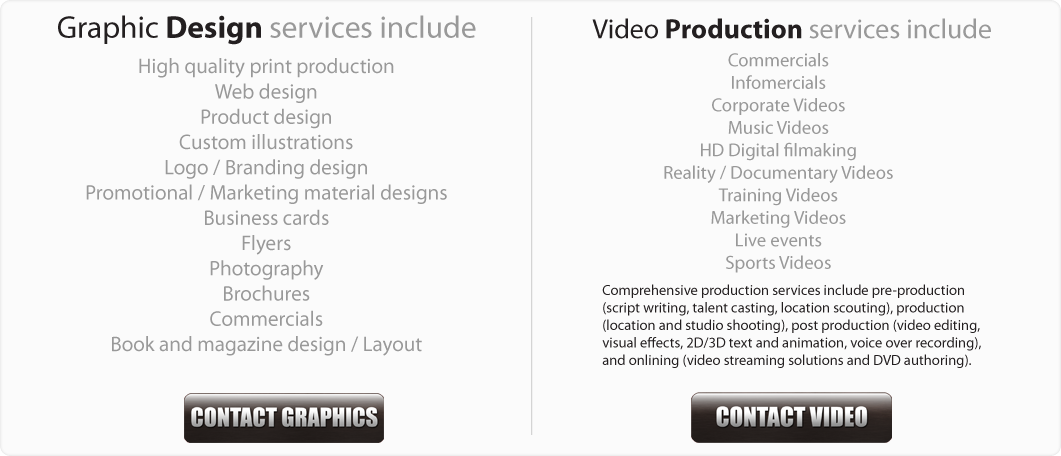 Graphic Design services include

High quality print production

Web design

Product design

Custom illustration

Logo / Branding design

Photography

Promotional / Marketing material designs

Business cards

Flyers

Brochures

Book and Magazine design / Layout

Video Production services include

Commercials Infomercials

Corporate videos

Music videos

HD Digital filmmaking

Reality / Documentary videos

Marketing videos

Live events

Sports videos

Comprehensive production services include pre-production (script writing, talent 

casting, location scouting), production (location and studio shooting), post 

production (video editing, visual effects, 2D/3D text and animation, voice over 

recording), and onlining (video streaming solutions and DVD authoring).